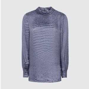 REISS Della Burnout Snake Blue Pattern Workwear Cocktail Silk Blend Blouse Top